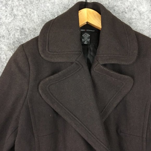New York Co Peacoat 10 Wool Blend Double Breasted Coat Solid Brown Notch Pockets - Picture 2 of 14
